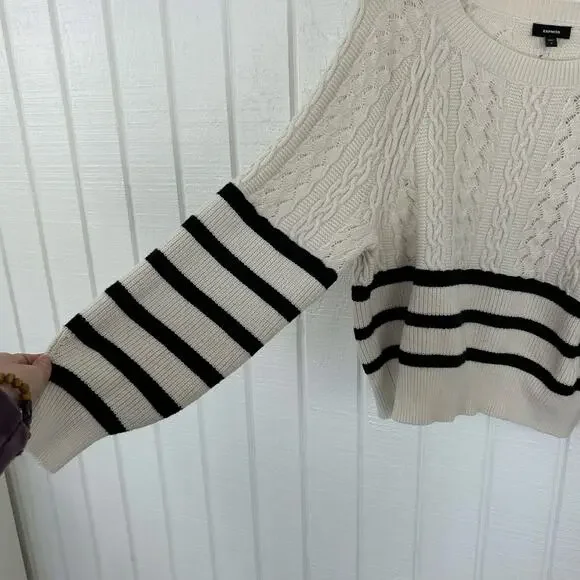 Express Women Cable Knit Striped Long Sleeve Sweater Cream Preppy Size Small - Picture 2 of 5